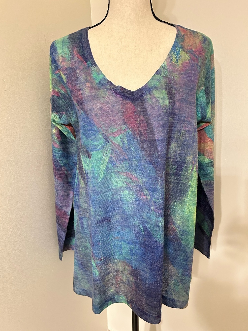 Soft Surroundings Watercolor Tie-Dye V-Neck Blue Green Purple Boho Tunic SZ M
